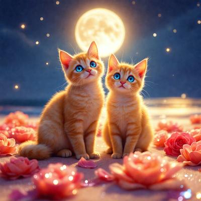 The primary subject of the image is two cats sitting on a bed of pink flowers. The setting is a nighttime scene with a moon in the background, creating a serene and peaceful atmosphere. The visual style is a digital art or illustration, with the cats and flowers depicted in a realistic manner. The colors are predominantly pink, which adds a sense of warmth and softness to the scene.